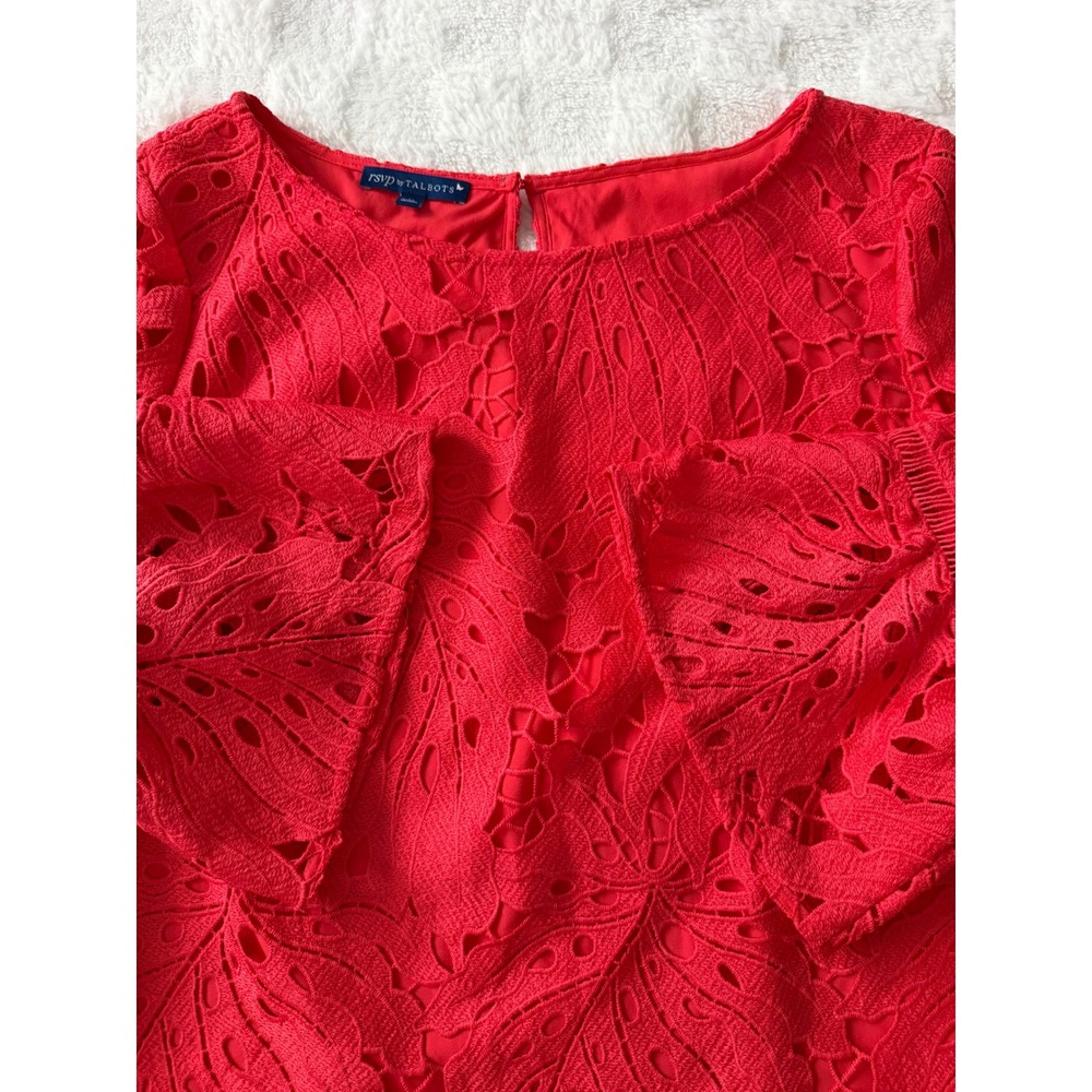 Talbots RSVP Red Eyelet Lace Bell Sleeve Blouse Floral Cutout Lined Sz M -EUC